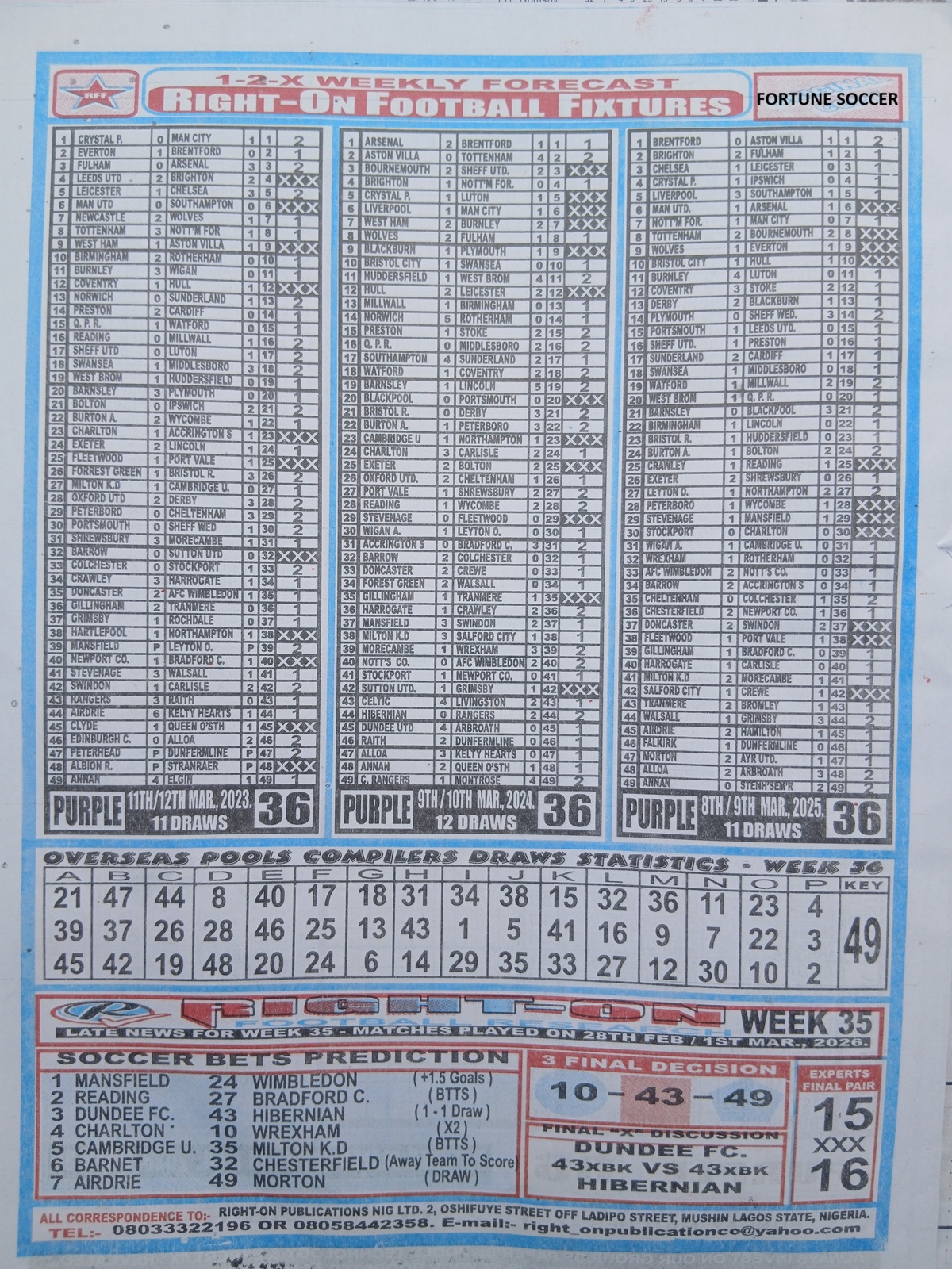 week 36 right on fixtures 2026 back page