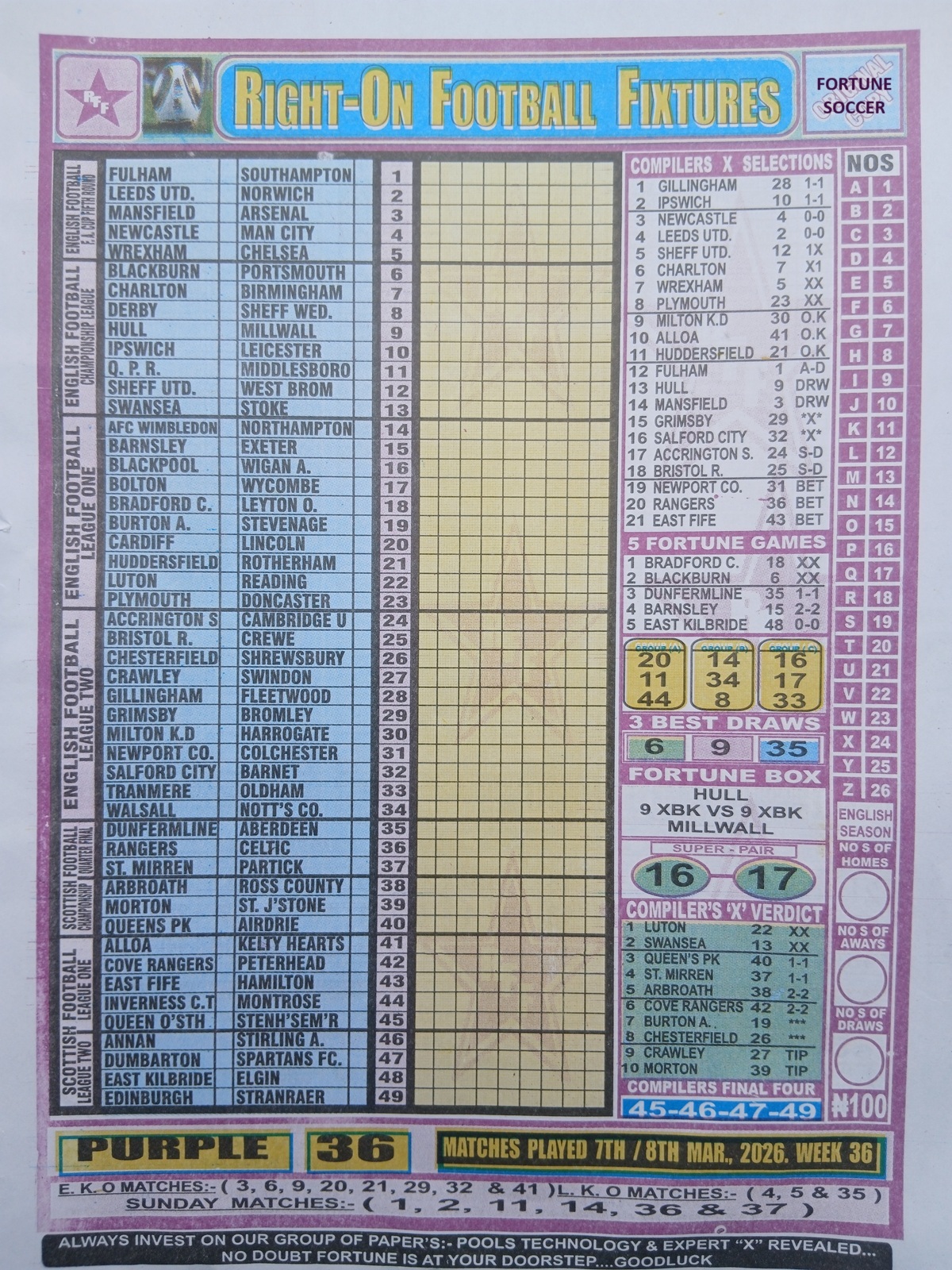 week 36 right on fixtures 2026 front page