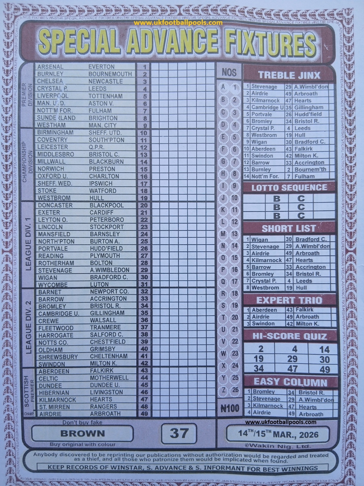 week 37 special advance fixtures 2026