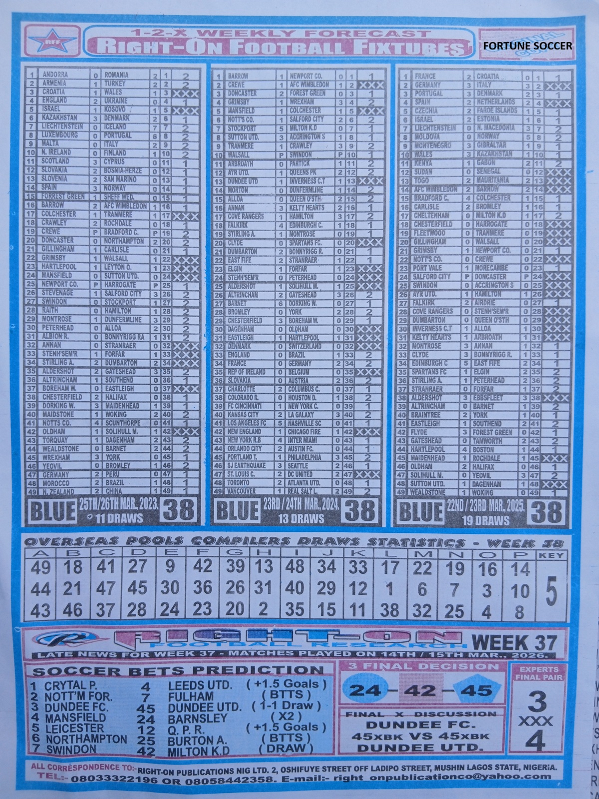 week 38 right on fixtures 2026 back page