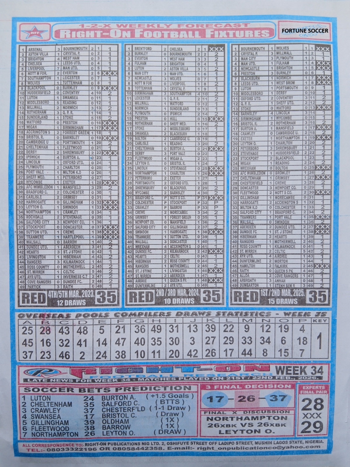 week 35 right on fixtures 2026 back page