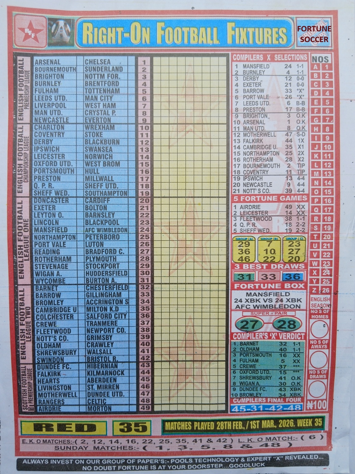 week 35 right on fixtures 2026 front page