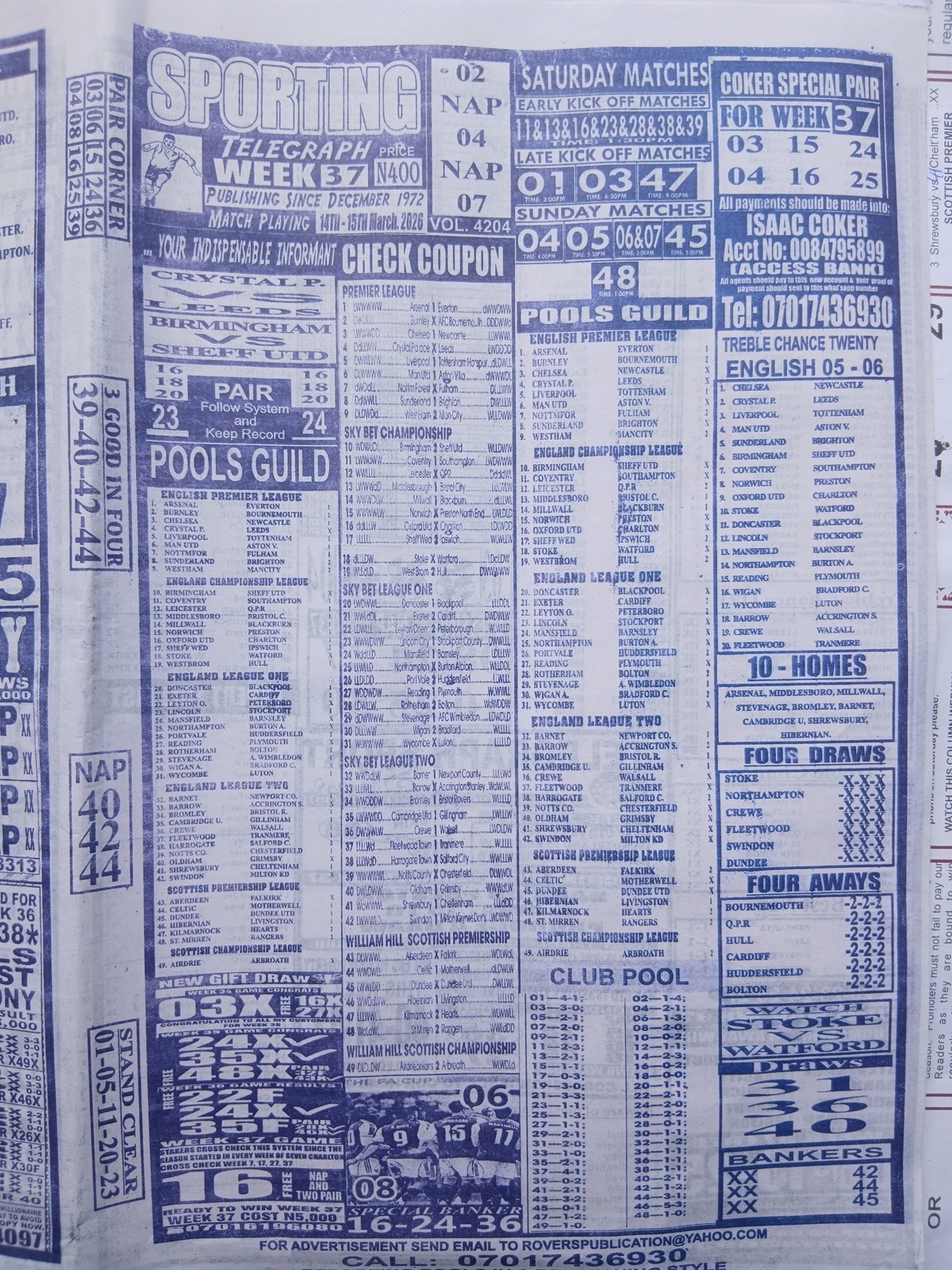 week 37 sporting telegraph 2026 page 1