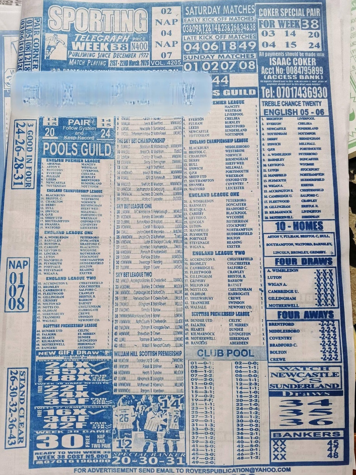 week 38 sporting telegraph 2026 page 1