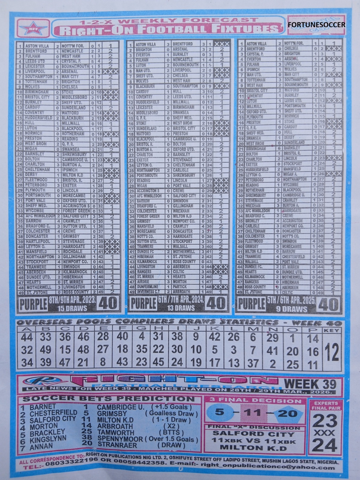 week 40 right on fixtures 2026 back page