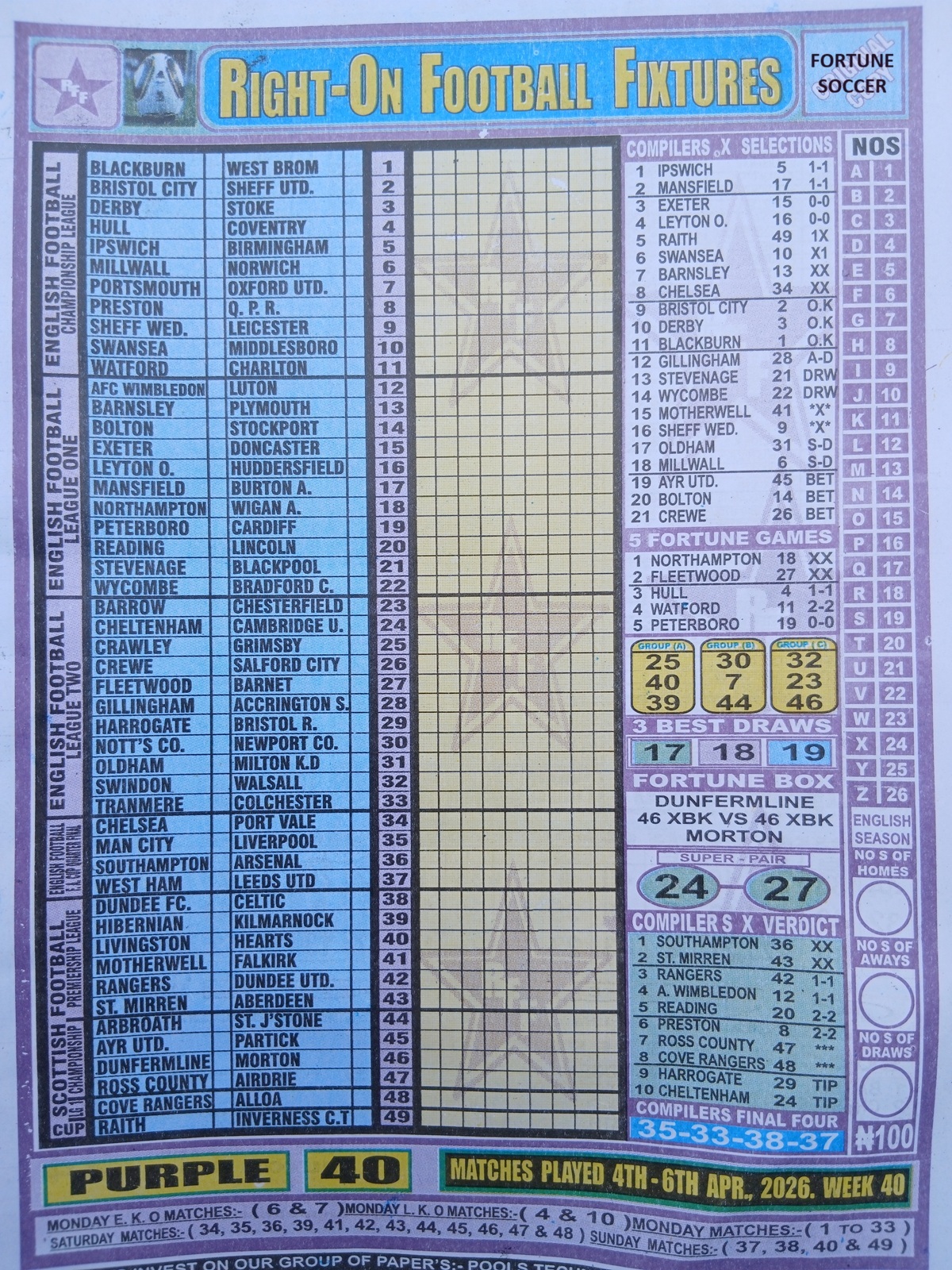 week 40 right on fixtures 2026 front page