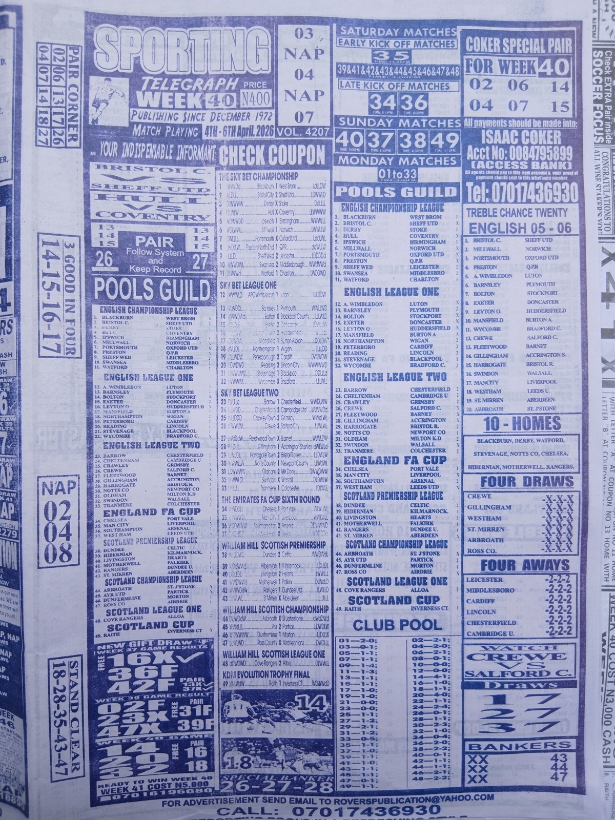 week 40 sporting telegraph 2026 page 1