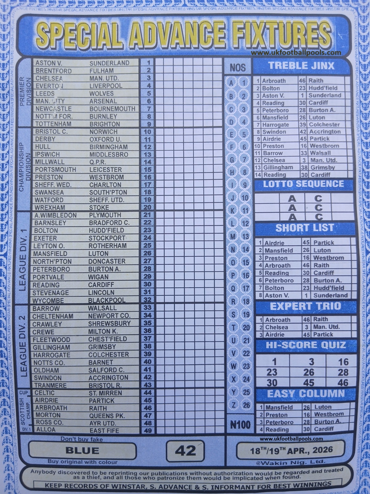 week 42 special advance fixtures 2026